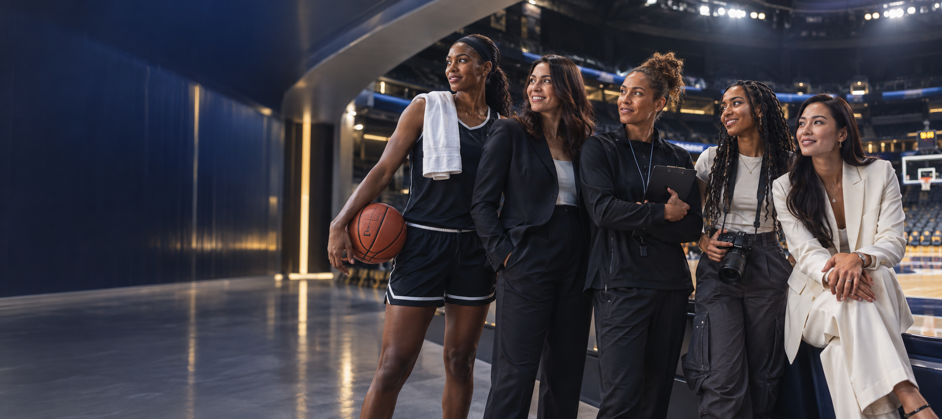 Women athletes and sports leaders together at an arena